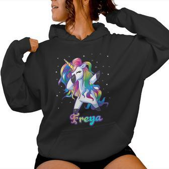 Freya Name Personalized Custom Rainbow Unicorn Dabbing Women Hoodie - Monsterry