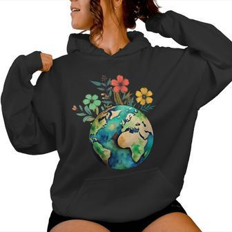 Happy Earth Day Cute Earth With Floral Earth Day 2024 Women Hoodie | Mazezy