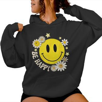 Be Happy Smile Face Retro Groovy Daisy Flower 70S Women Hoodie - Monsterry