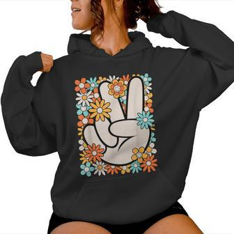 Hippie Peace Hand Sign Groovy Flower 60S 70S Retro Women Hoodie - Seseable