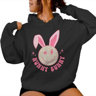 Hunny Bunny Retro Groovy Easter Leopard Smile Face Rabbit Women Hoodie | Mazezy