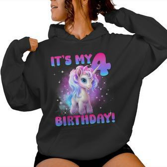 Its My 4Th Birthday Girl Unicorn Family Party Decorations Women Hoodie - Seseable