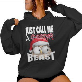 Just Call A Christmas Beast With Cute Little Owl N Santa Hat Women Hoodie - Monsterry