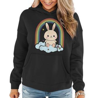 Kawaii Bunny Rabbit On A Rainbow Cloud Cute Animal Lover Women Hoodie - Monsterry