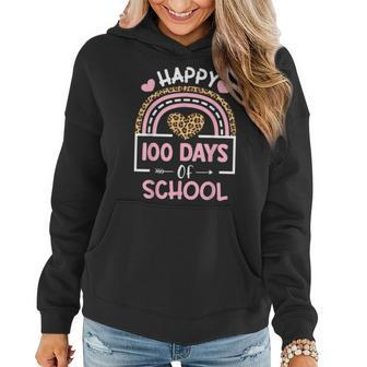 Leopard Rainbow Happy 100Th Day School Cute 100 Days Teacher Women Hoodie - Thegiftio UK