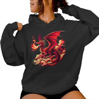 Mythical Red Dragon Breathes Fire On Clouds Boy Girl Dragon Women Hoodie - Seseable