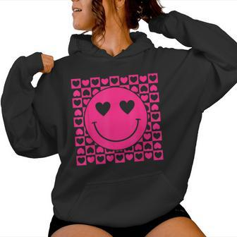 Pink Smile Face Heart Eyes Groovy Heart Valentine's Day Women Hoodie - Monsterry