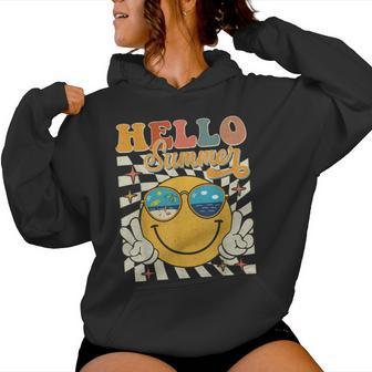 Retro Groovy Hello Summer Smile Face Hello Beach Vacation Women Hoodie - Monsterry