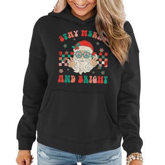 Retro Groovy Stay Merry And Bright Santa Claus Christmas Women Hoodie - Thegiftio UK