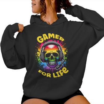 Skull Wearing Headphones Grunge N Gamer Rainbow Graffiti Women Hoodie - Monsterry UK