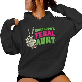 Somebodys Feral Aunt Auntie Sarcasm Groovy Pregnancy Reveal Women Hoodie - Monsterry DE