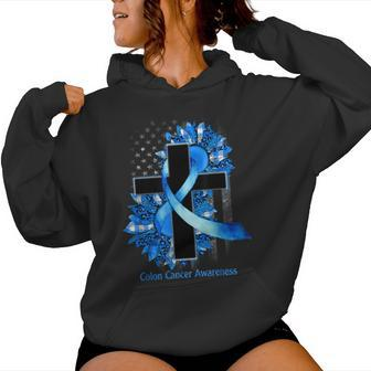 Sunflower Blue Ribbon Christian Cross Colon Cancer Awareness Women Hoodie - Thegiftio UK