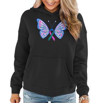 Thyroid Cancer Blue Pink Teal Ribbon Butterfly Wings Tattoo Women Hoodie - Monsterry