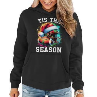 Tis The Season Football Mom Christmas Santa Hat Colorful Women Hoodie | Mazezy