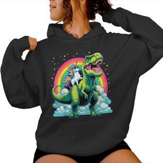 Unicorn Rainbow Birthday Party Unicorn Riding Dinosaur Women Hoodie - Seseable