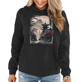 Vintage Japanese Flower Mountain View Landscape Graphic Women Hoodie | Seseable CA