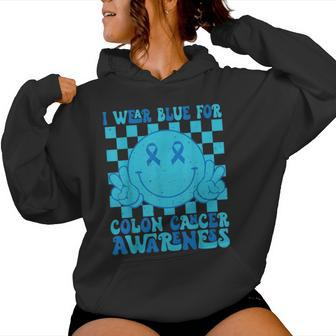 I Wear Blue For Colon Cancer Awareness Groovy Smile Face Women Hoodie | Mazezy