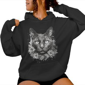 Wiccan Wicca Moon Cat With Flowers Pagan Witch Geometric Women Hoodie - Monsterry