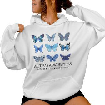 In April We Wear Blue Butterfly Autism Mental Health Women Hoodie | Mazezy