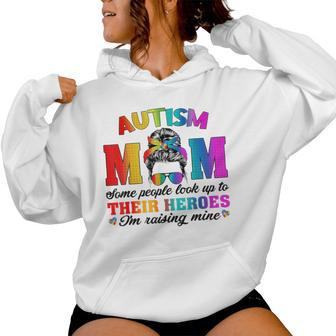 Autism Mom Raising Hero Groovy Messy Bun Autism Awareness Women Hoodie - Seseable
