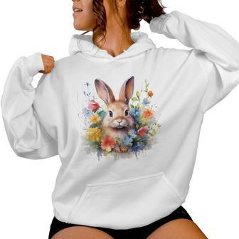 Bunny Rabbit Face Floral Watercolor Painting Love Bunnies Women Hoodie - Monsterry