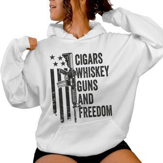 Cigars Whiskey Guns & Freedom Camo Gun Drinking- On Back Women Hoodie - Monsterry CA