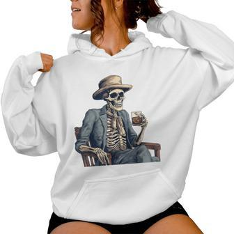 Cowboy Skeleton Drinking Whiskey Western Outlaw Skull Saloon Women Hoodie - Monsterry CA