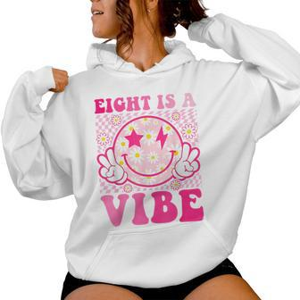 Eight Is A Vibe 8Th Birthday Groovy 8 Years Old Smile Face Women Hoodie - Seseable