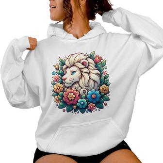Floral Lion Head With Vintage Flowers Cartoon Animal Lover Women Hoodie - Monsterry