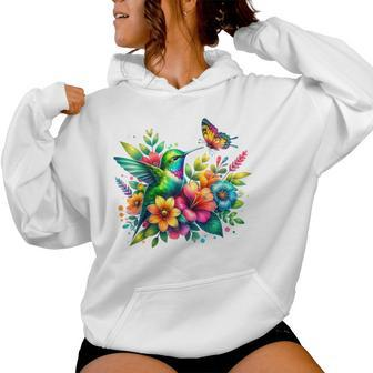 Floral Watercolor Hummingbird & Butterfly Women Hoodie - Seseable