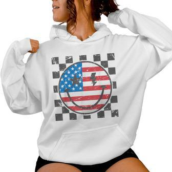 Happy 4Th Of July Groovy Smile Face Red White Blue Usa Flag Women Hoodie - Monsterry