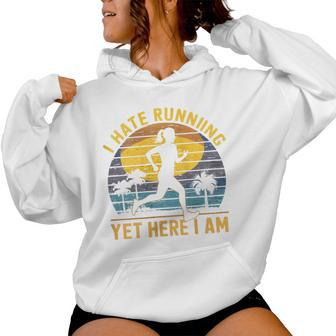 I Hate Running Yet Here I Am Vintage Sunset Running Marathon Women Hoodie - Monsterry AU