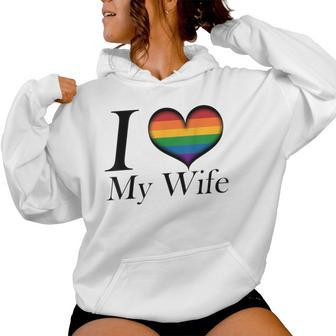 I Heart My Wife Lesbian Pride Typography With Rainbow Heart Women Hoodie - Monsterry DE