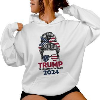 Messy Bun Support Trump 2024 Flag Take America Back Women Hoodie - Seseable