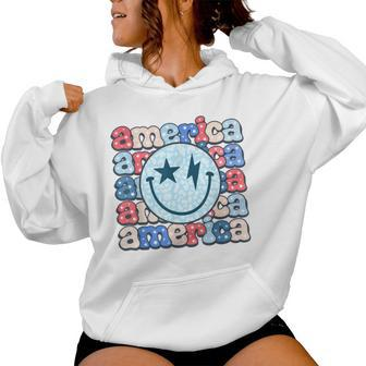 Retro America Groovy Smile Face American Flag 4Th Of July Women Hoodie - Monsterry UK