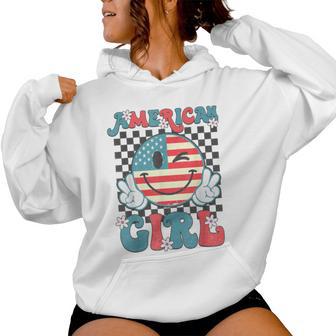 Retro American Girl 4Th Of July Smile Checkered Girls Women Hoodie - Monsterry CA