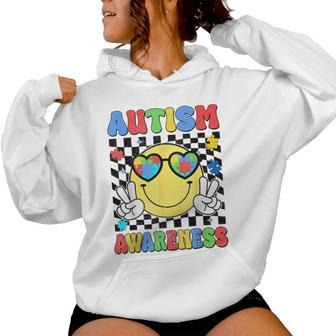 Retro Groovy Autism Awareness Hippie Smile Face Boy Girl Kid Women Hoodie | Mazezy