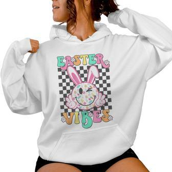 Retro Groovy Easter Vibes Bunny Checkered Smile Girls Women Hoodie - Monsterry