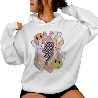 Retro Groovy Easter Vibes Smile Face Rabbit Bunny Girl Women Hoodie | Mazezy