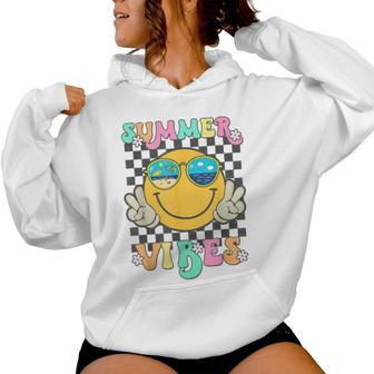 Retro Groovy Summer Vibes Smile Face Hello Summer Vacation Women Hoodie | Mazezy UK