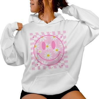 Retro Happy Smile Face Checkered Pattern Pink Daisy Flower Women Hoodie - Monsterry