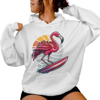 Retro Surfboard Surfboarders Vintage Surfing Flamingo Women Hoodie - Monsterry
