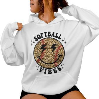 Smile Face Softball Vibes Game Day Softball Life Mom Retro Women Hoodie - Monsterry