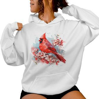 Watercolor Red Cardinal Floral Birdwatching Vintage Birding Women Hoodie - Monsterry UK
