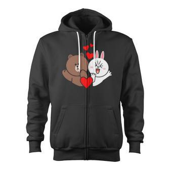 Brown Bear Cony Bunny Rabbit Love And Kisses For You Valentine Zip Up Hoodie - Monsterry