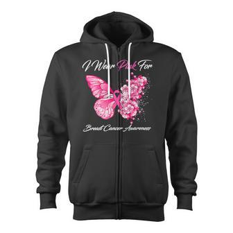 Butterfly I Wear Pink For Breast Cancer Awareness Zip Up Hoodie - Monsterry AU