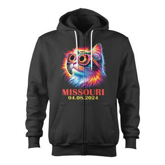 Cat Total Solar Eclipse 2024 Missouri With Eclipse Glasses Zip Up Hoodie - Monsterry UK