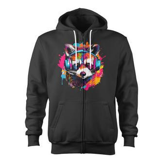 Colorful Raccoon With Headphones Vintage Colorful Raccoon Zip Up Hoodie - Monsterry