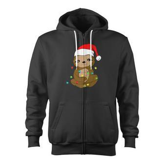 Cute Christmas Sloth Xmas Sloth With Santa Hat Zip Up Hoodie - Monsterry