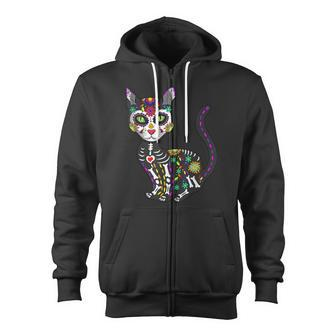 Cute Sugar Skull Mexican Cat Halloween Day Of The Dead Zip Up Hoodie - Monsterry CA